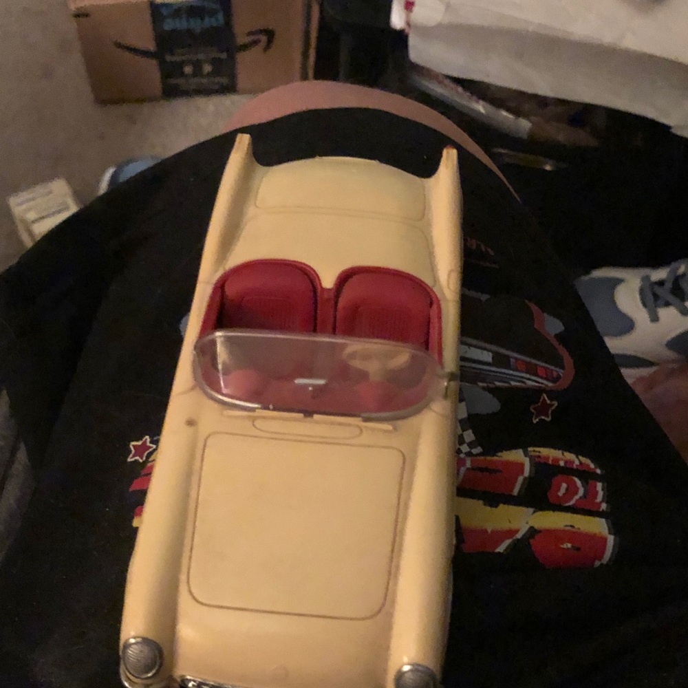 Vintage Cream Convertible Toy Car with Red Interior